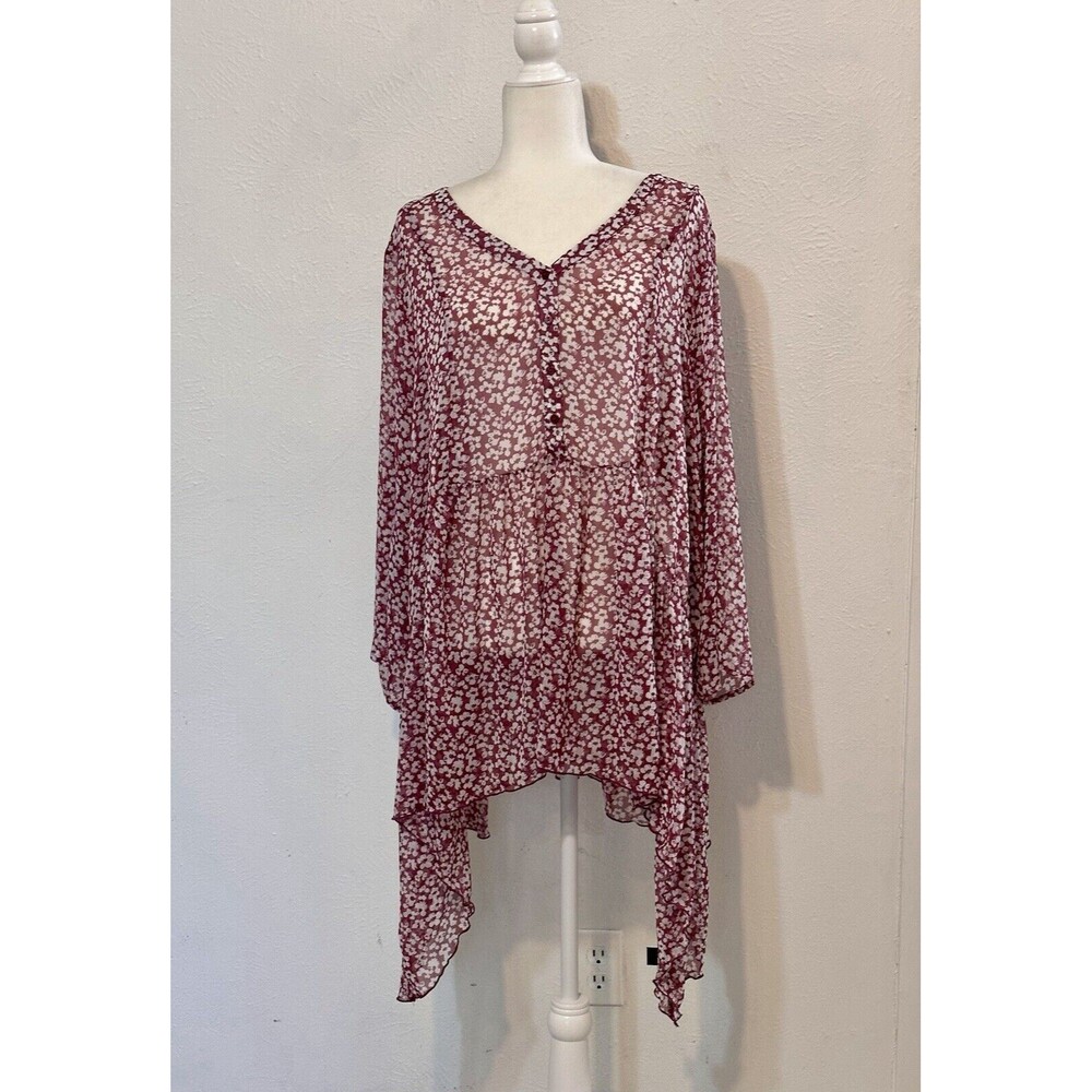 Lane Bryant Size 22/24 Floral Purple Sheer Blouse 3/4 Sleeves Boho Cottage